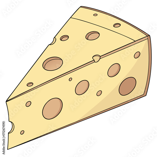 A triangular piece of swiss cheese with holes, , perfect for illustrating dairy products, food, or a healthy snack in a cartoon style