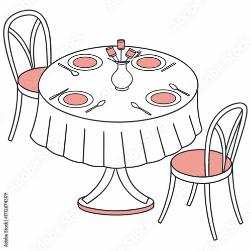 Illustration of a round dining table with four places settings and chairs, perfect for restaurant menus, event invitations, or interior design projects
