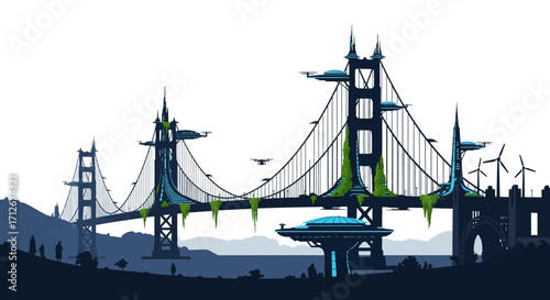 A unique San Francisco bridge design perfect for projects needing a futuristic or science fiction element. Use for travel, technology or architectural themes.