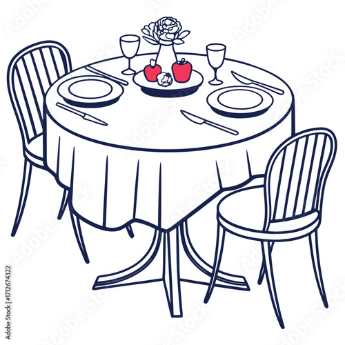 Illustration of a round dining table with two places settings and chairs, ideal for restaurant promotions, wedding invitations, or interior design projects