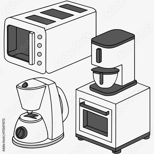 Illustration of a toaster oven, coffee maker, and microwave oven, perfect for kitchen appliance guides, cooking blogs, or home decor projects
