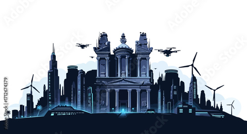 Dreamy futuristic city combines historical architecture with modern technology and sustainable energy sources. A unique and inspiring scene for innovative projects.
