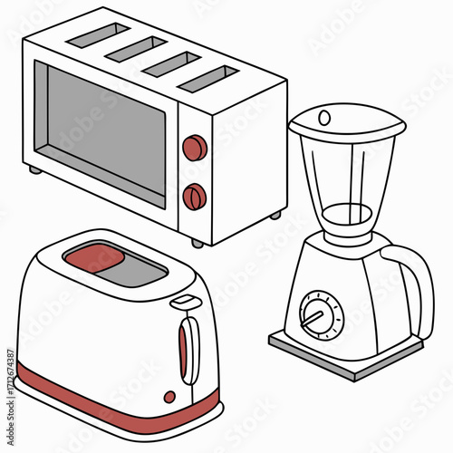 Illustration of a toaster oven, toaster, and blender, perfect for kitchen appliance guides, cooking blogs, or home decor projects