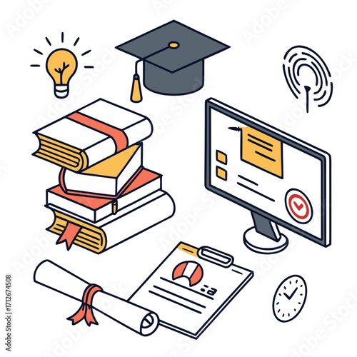 Isometric illustration depicting online education with books, graduation cap, computer, document, lightbulb, and clock