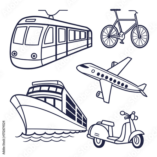 Line art illustration featuring various modes of transportation including a tram, bicycle, airplane, ship, and scooter