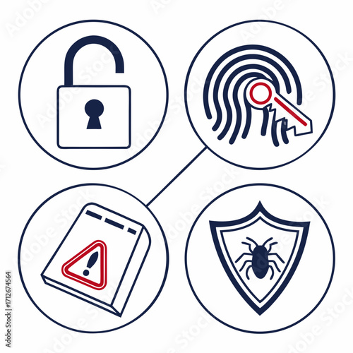 Conceptual illustration of cybersecurity featuring an unlocked padlock, fingerprint with key, warning sign on device, and shield with spider