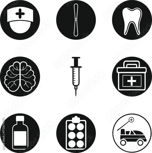 Medical Icon Set Healthcare Essentials in Circular Designs for Wellness and Emergency Services