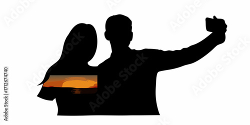 Romantic couple takes a sunset selfie, sharing the golden hour love and creating unforgettable memories together
