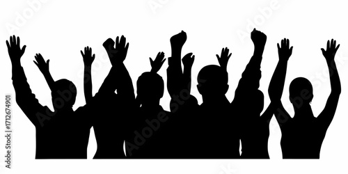 Enthusiastic crowd silhouette cheering with raised hands, celebrating success and unity together now
