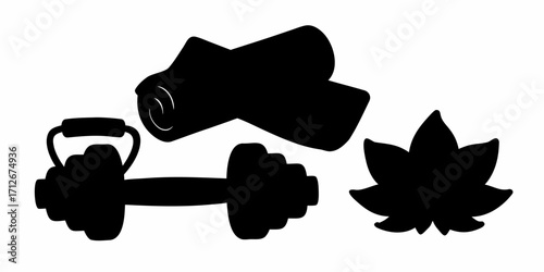 Fitness and wellness lifestyle featuring yoga mat, dumbbell and lotus flower for health promotion