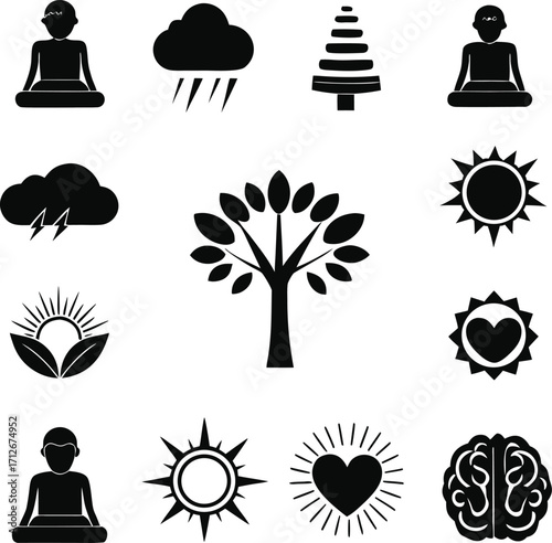 Monochrome icons presenting mental health, nature, and spirituality symbols in a cohesive graphic.