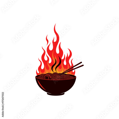 A hot red chili pepper burns with a fiery blaze in a black pot, surrounded by abstract orange and yellow flames