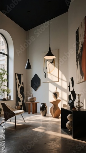Modern interior space with abstract art, sculptural furniture, and natural light streaming through an arched window