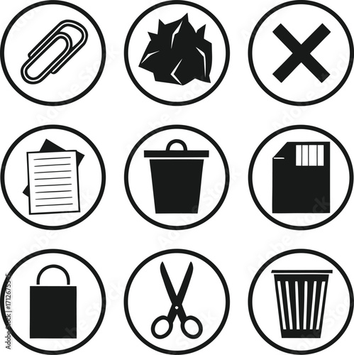 Essential Monochrome Vector Icon Set Office and Computer Interface Symbols for Document Management, Deletion, and Productivity in Digital Workflows.