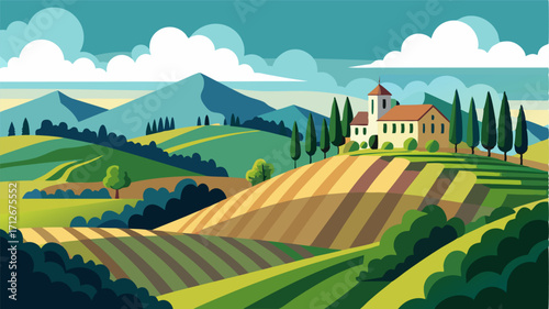 A picturesque vineyard nestled a the rolling hills of the countryside.