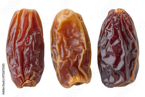 Three ripe Medjool dates arranged on a white background representing sweetness health and Middle Eastern culture