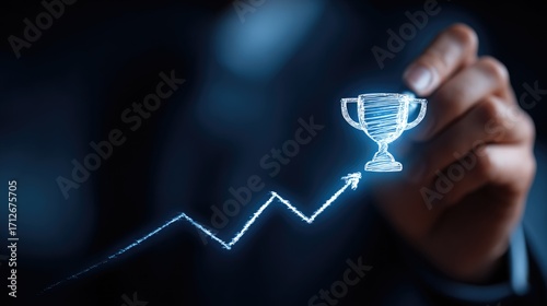 Hand holding glowing trophy sketch with upward graph line symbolizing achievement, success, motivation, and financial growth in business context