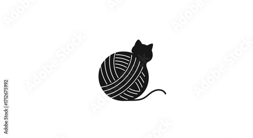 Minimalist Black Cat Silhouette Playing with Yarn Ball.