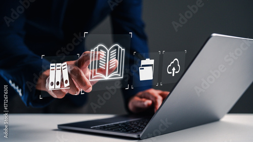 A person interacts with digital icons while using a laptop, showcasing concepts like organization, documents, and nature in a modern workspace.