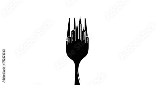 Fork with city skyline tines creative concept.