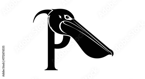 Stylized Black Pelican Head and Letter P Logo Design.
