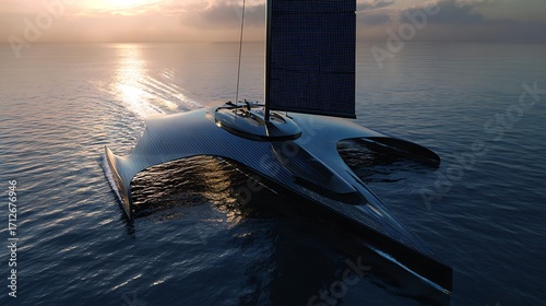Futuristic trimaran sailing yacht cruising on the open sea at sunset time