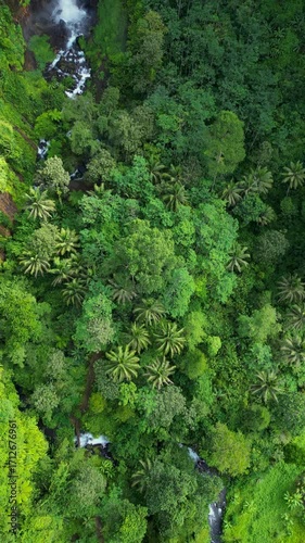 Luftaufnahme eines versteckten Wasserfalls im tropischen Wald Javas in Indonesien mit einer Drohne. 
Im Hintergrund ein Vulkan.