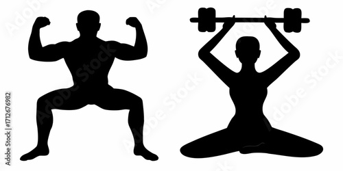 Strong silhouette man flexing muscles and woman lifting weights for fitness and healthy lifestyle