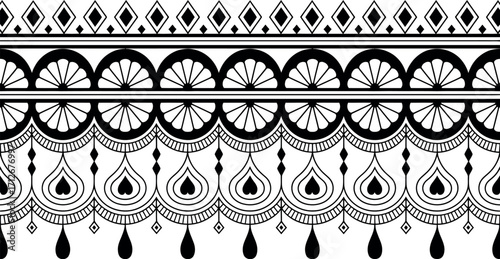 Intricate black and white decorative border with repeating geometric patterns and floral motifs
