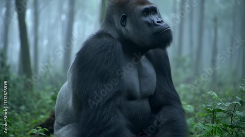 Majestic Gorilla in Forest with Wildlife, and Nature Background.