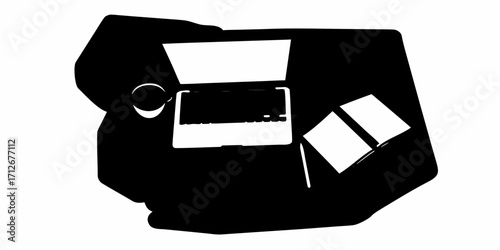 Dynamic workspace illustration with laptop, coffee, pen and notepad for creative business solutions