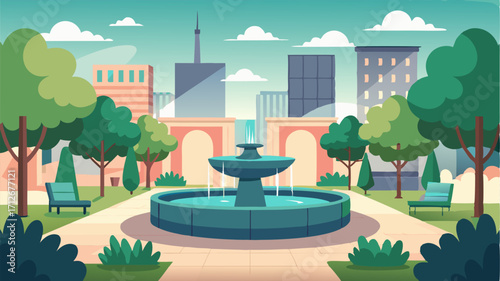 An oasis in the concrete jungle the urban plaza features a beautiful central fountain surrounded by lush trees and benches creating a peaceful atmosphere for city dwellers to