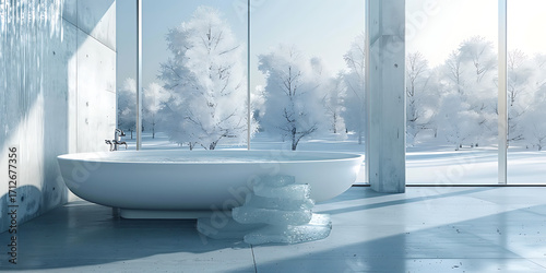 Serene winter bath overlooking snow covered landscape
