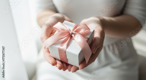 Woman holding a white gift box with a pink ribbon, offering a present