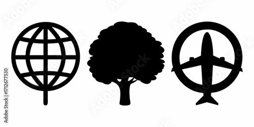 Sustainable travel concept with globe, tree, and airplane icons for eco-friendly tourism solutions