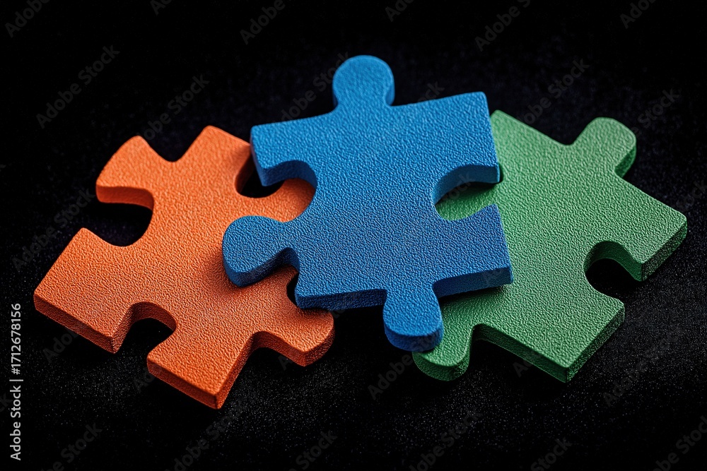 Fototapeta premium Interlocking puzzle pieces in orange, blue, green on black background, featuring geometric texture, for teamwork and problem solving in educational or corporate projects.