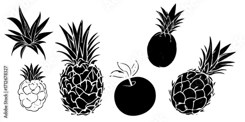 Juicy tropical pineapple and fresh black olives vector with ripe fruit on white background. Fruits vector icon set. Linear icon collection. Editable stroke. Vector illustration
