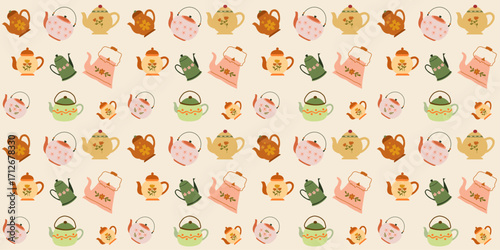 Autumn Seamless Pattern with Teapots, Coffee Pots, Honey, Floral, Acorns, Fall Leaves, More Illustration. Perfect for decor, wallpaper, fabric, textile, background