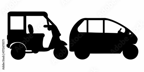 Electric vehicle and autorickshaw silhouettes create a bold and modern eco friendly transport concept