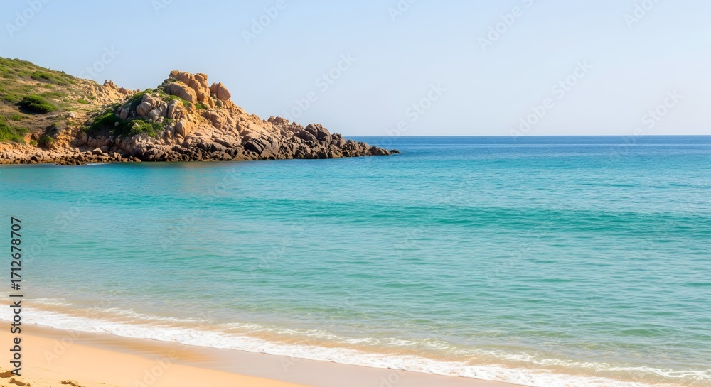 Fototapeta premium A tropical paradise where turquoise water meets the white sand beach and a rocky coast under a bright summer sky