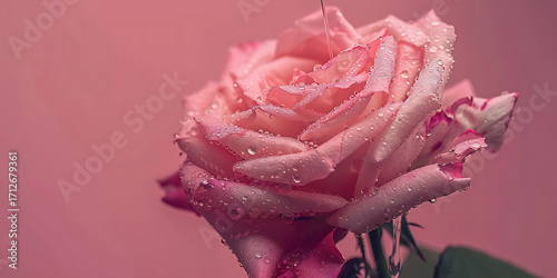 Lovely pink rose with fresh water droplets gleaming softly