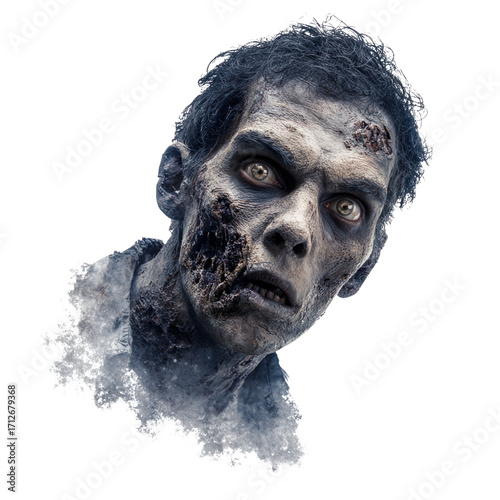 Unique zombie character design for horror themed projects, isolated on transparent cutout background