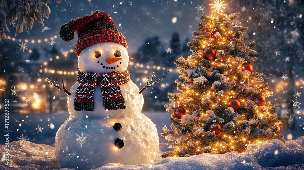 Obraz premium Magical Christmas Night Snowman and Twinkling Tree