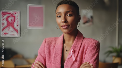 a thoughtful young african american woman with a short haircut poses in a pink blazer and necklace featuring a pink ribbon, likely in support of breast cancer awareness.