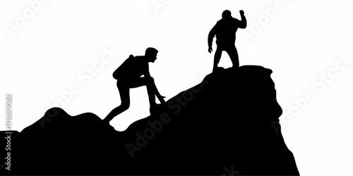 Achieving goals through perseverance and teamwork concept with silhouette of climbers