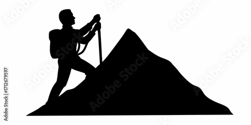 Powerful mountain climber silhouette ascending challenging peak, adventure and determination concept