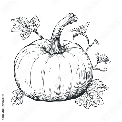 Sketch of a pumpkin with leaves for autumn decoration and crafts. Vector hand drawn illustration
