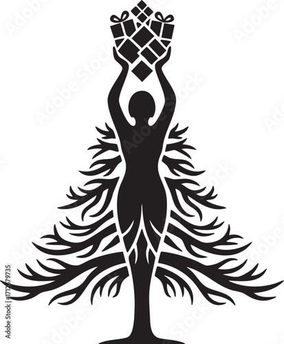 Abstract Christmas Tree Woman Silhouette Holding Gifts Vector Illustration