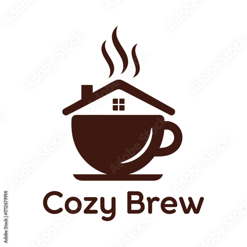 Cozy brew logo design coffee cup house shape steam emblem for cafe business