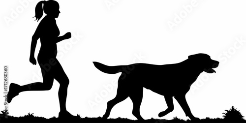Dynamic silhouette of a woman jogging with her loyal dog, promoting fitness and companionship